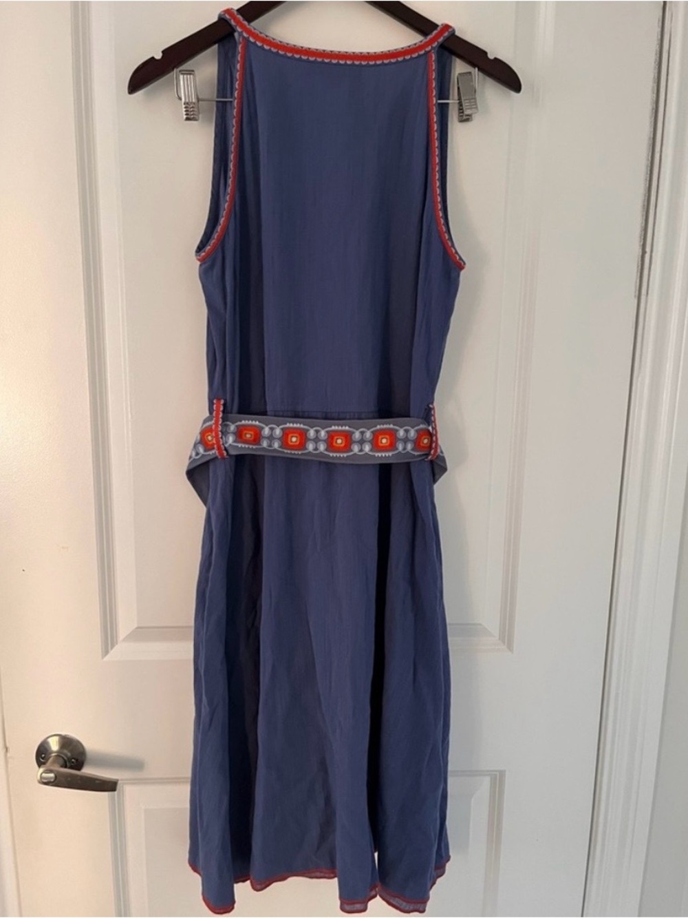 Tory Burch Cotton-Linen Blue Embroidered Tie Wait Dress - Picture 12 of 15